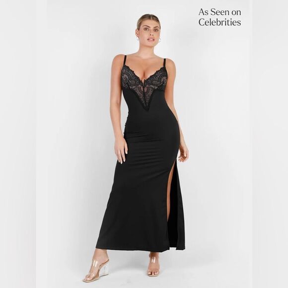 POPILUSH The Shapewear Dress Lace Slip Split Maxi black Size M NWT in packaging - Picture 1 of 8